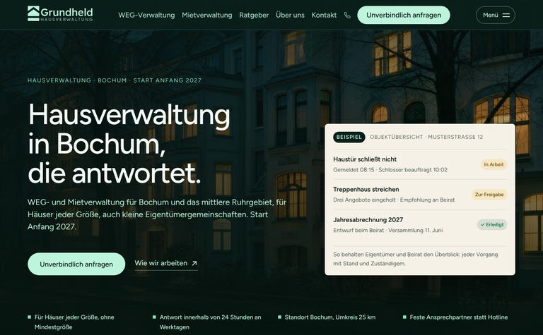 Website von Grundheld, Hausverwaltung in Bochum